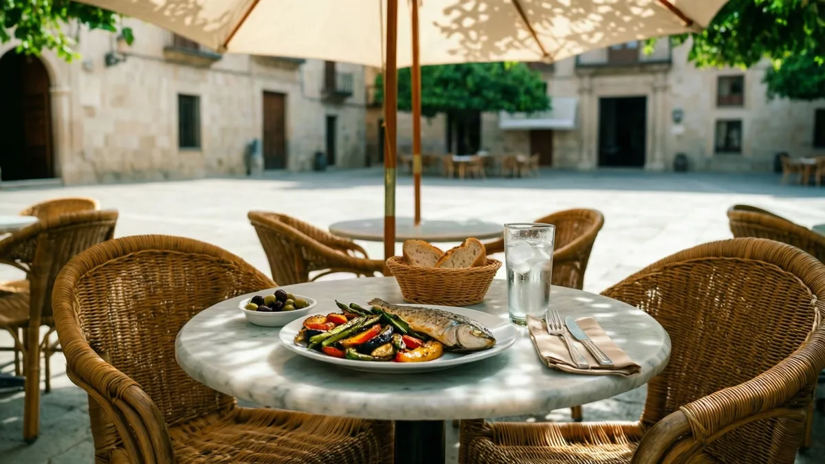 Mesa de terraza en una plaza con pescado y verduras a la plancha, pan, aceitunas y agua
